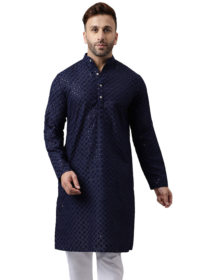 Navy Blue Silk Embroidered Kurta Cheap Sale Low Pice