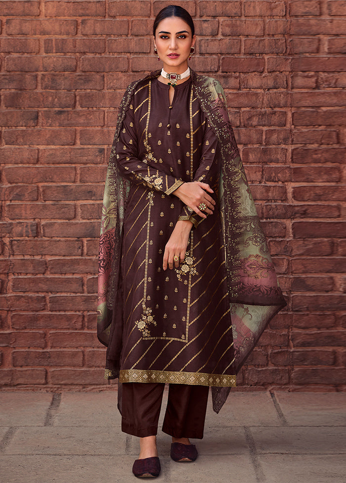 3 Pc Brown Unstitched Silk Suit Set Free Shipping Cheap Pice