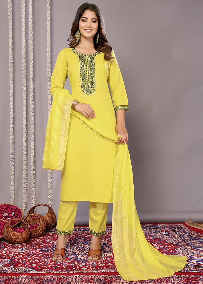 3 Pc Yellow Readymade Cotton Suit Set Hot Sale Online