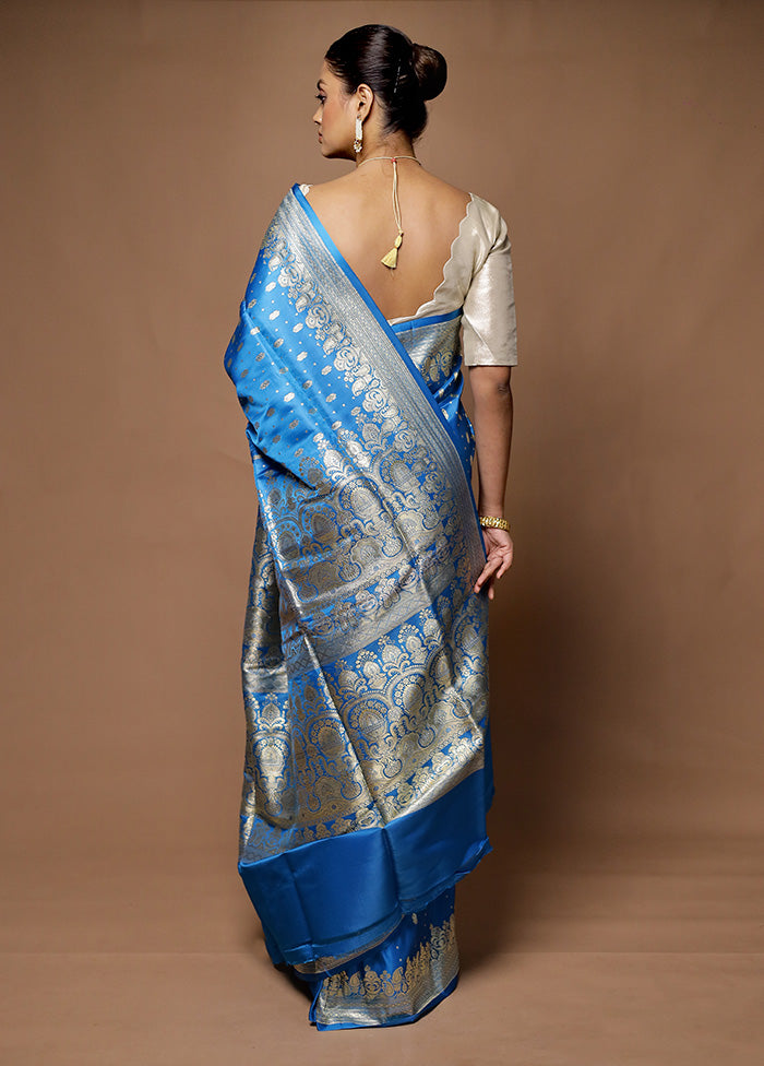 Blue Handloom Banarasi Pure Silk Saree With Blouse Piece On Hot Sale