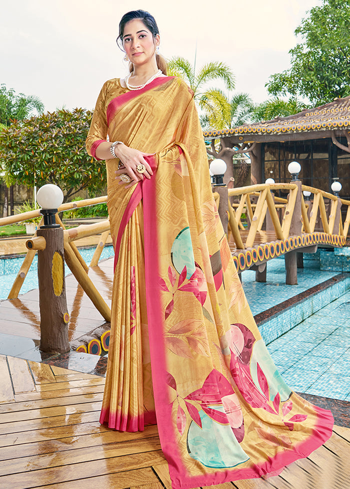 Mustard Crepe Silk Saree With Blouse Piece Free Shipping Classic