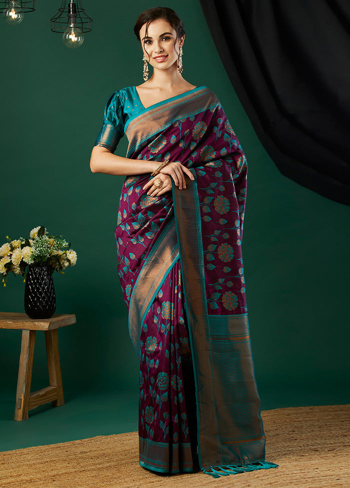 Wine Banarasi Silk Saree With Blouse Piece Discount Great Deals