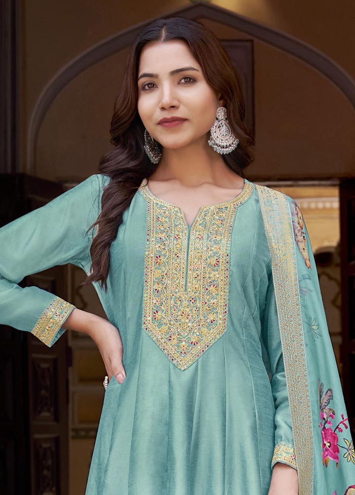 3 Pc Sky Blue Semi Stitched Silk Suit Set Low Cost