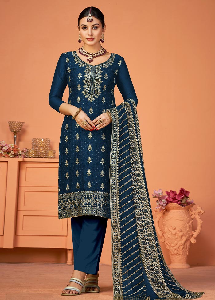 3 Pc Teal Semi Stitched Georgette Suit Set Popular Online