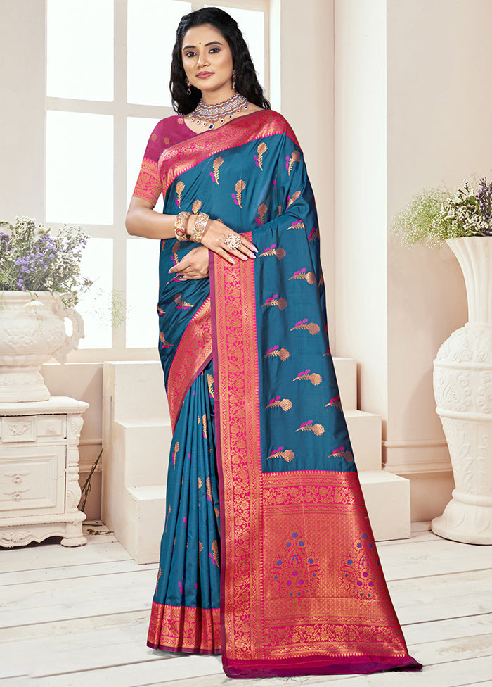 Blue Dupion Silk Saree With Blouse Piece Cheap Sale Big Sale