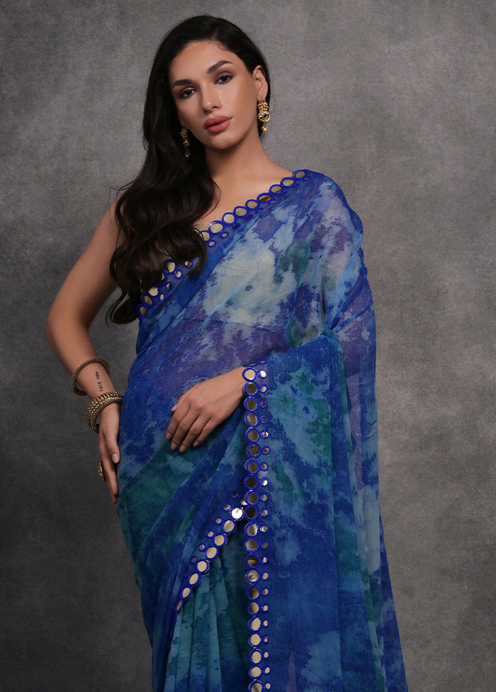 Blue Chiffon Silk Saree With Blouse Piece Discount Latest