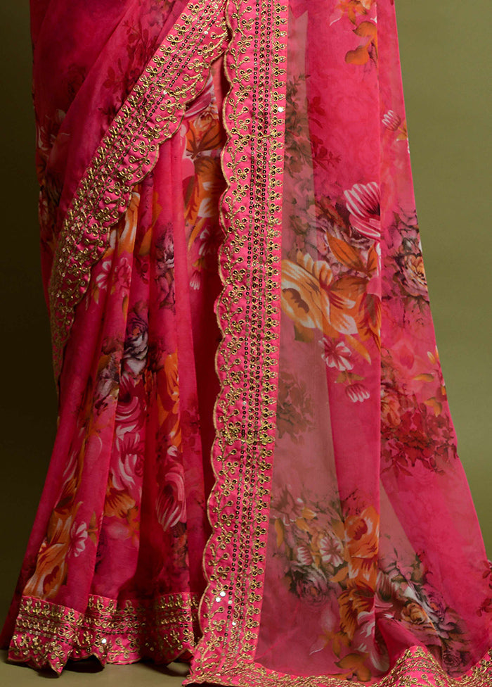 Pink Chiffon Silk Saree With Blouse Piece Cheap Low Pice Fee Shipping