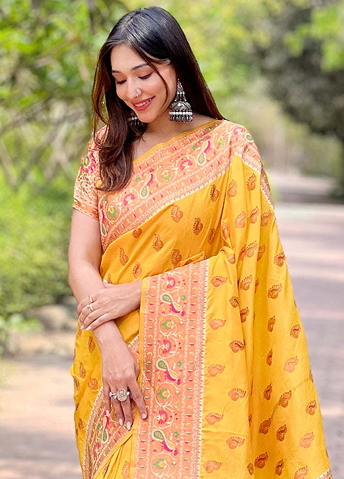 Yellow Dupion Silk Saree With Blouse Piece Get To Buy For Sale