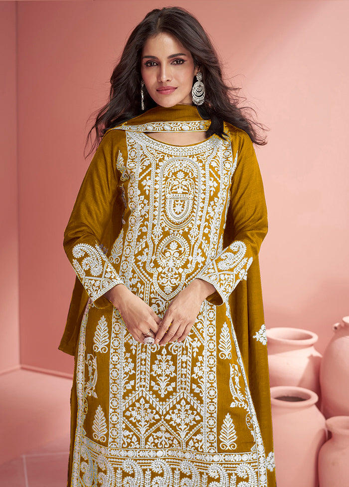 3 Pc Mustard Semi Stitched Georgette Suit Set Clearance Eastbay