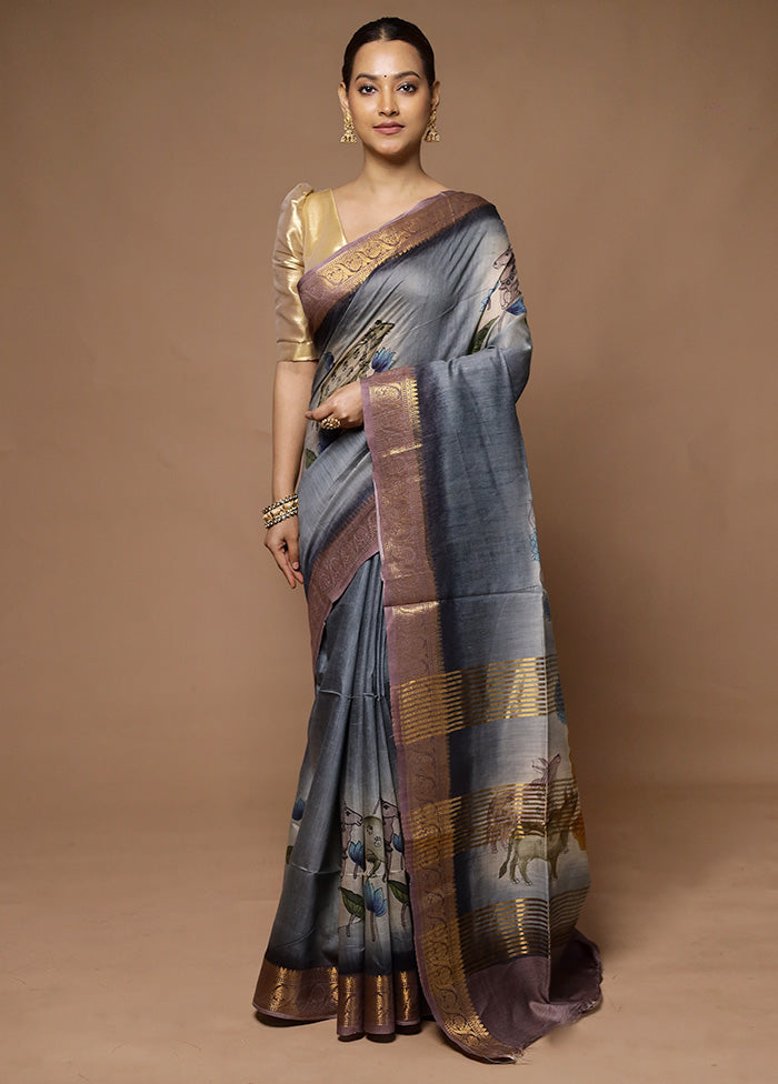 Grey Tussar Silk Saree With Blouse Piece Sale Reliable