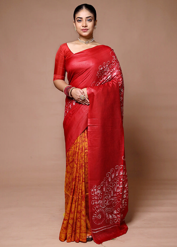 Red Printed Silk Saree Without Blouse Piece Clearance Huge Surprise