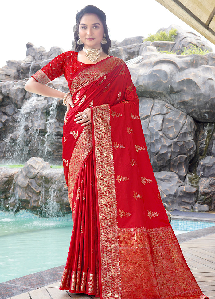 Red Satin Silk Saree With Blouse Piece Sale View