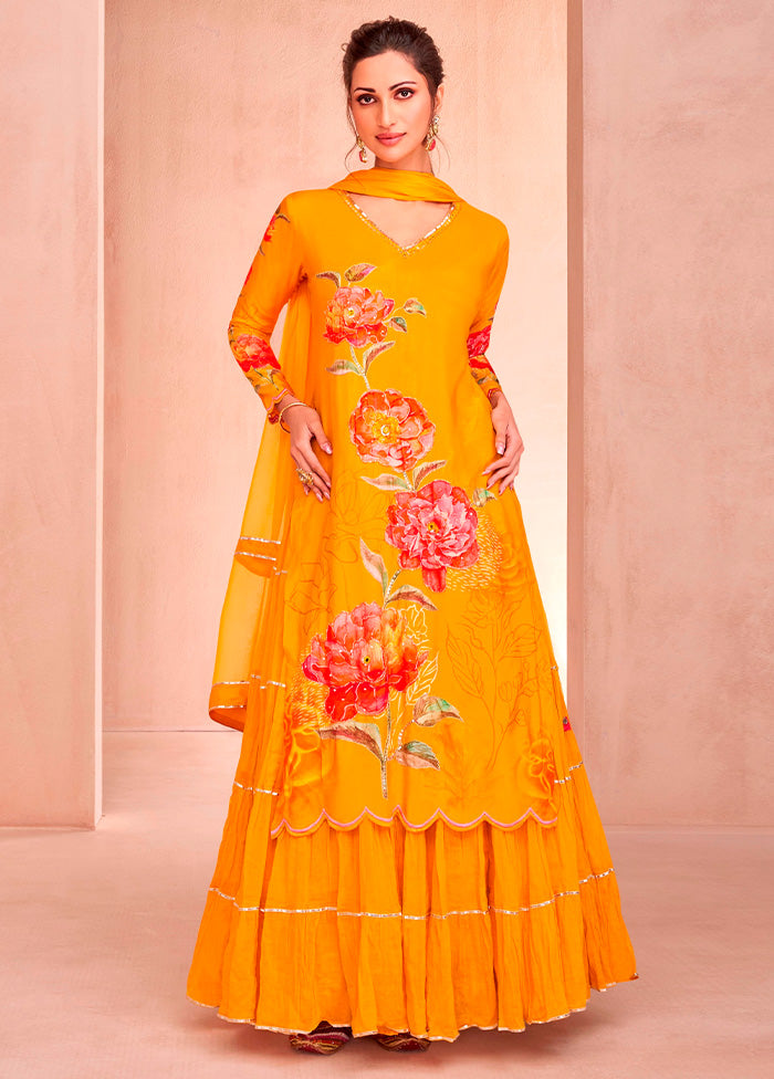 2 Pc Yellow Semi Stitched Silk Suit Set Cheap Online Online