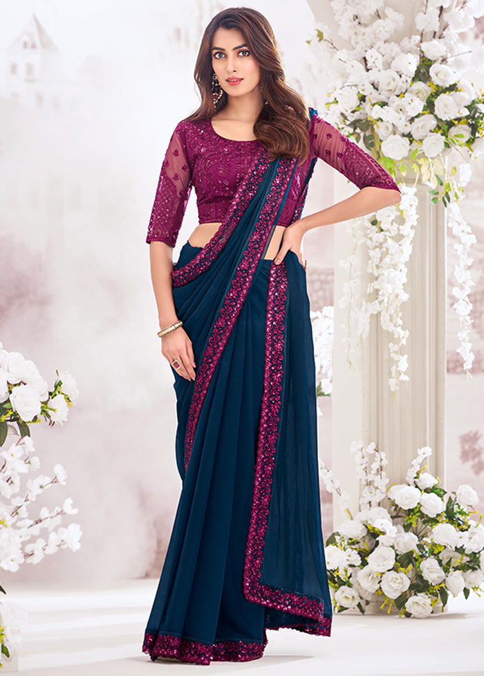 Navy Blue Chiffon Silk Saree With Blouse Piece Best Sale For Sale