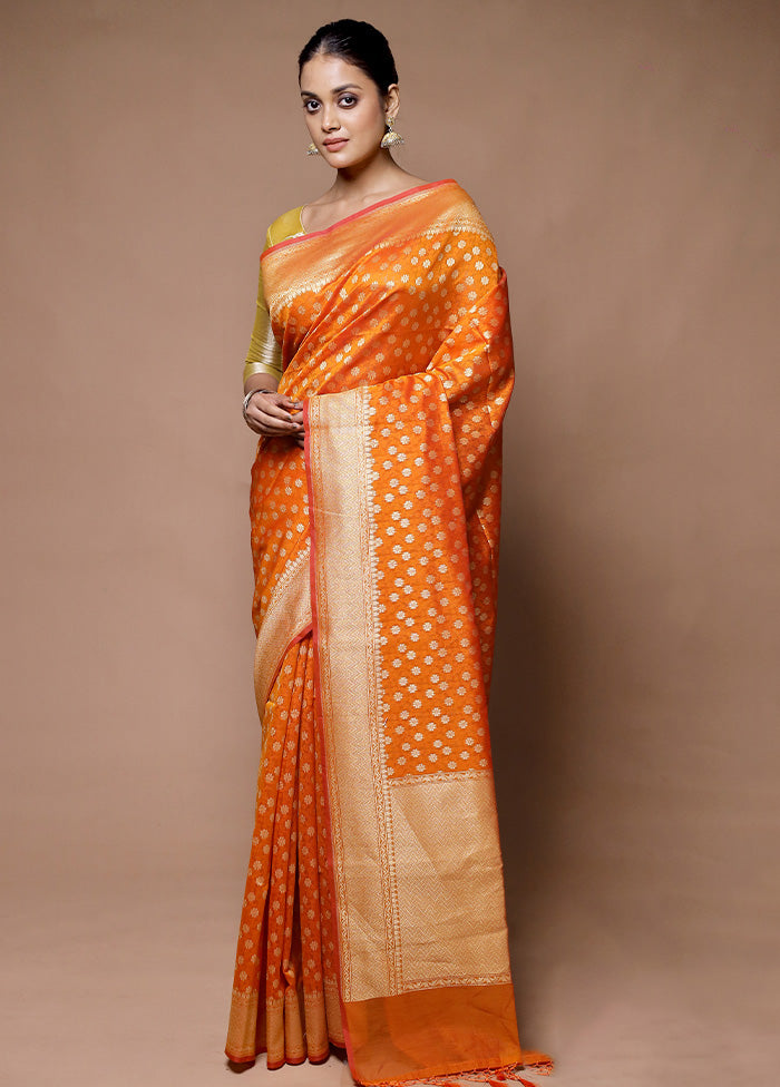 Orange Kora Silk Saree With Blouse Piece Buy Cheap Big Sale