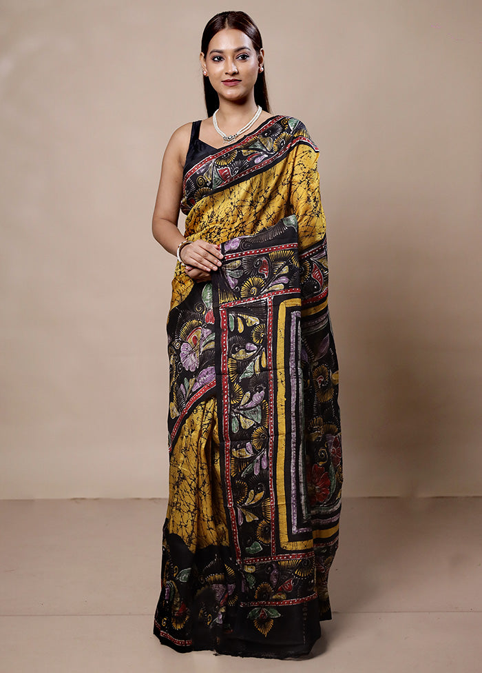 Yellow Printed Pure Silk Saree Without Blouse Piece Outlet Best Seller