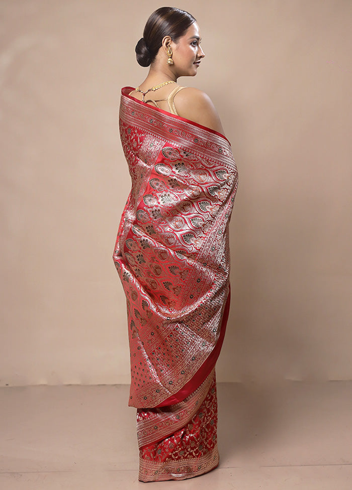 Red Handloom Banarasi Pure Silk Saree With Blouse Piece Free Shipping Official