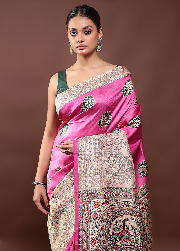 Pink Printed Pure Silk Saree Without Blouse Piece Quality Original