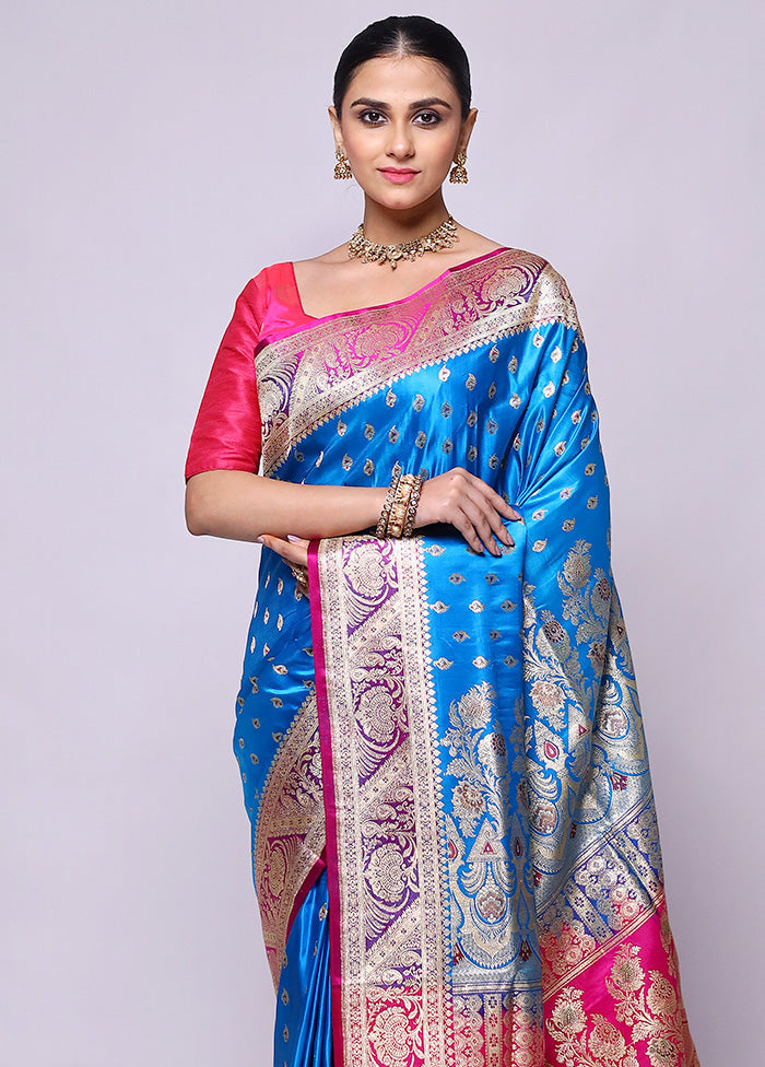 Blue Handloom Banarasi Pure Silk Saree With Blouse Piece Fast Delivery Online