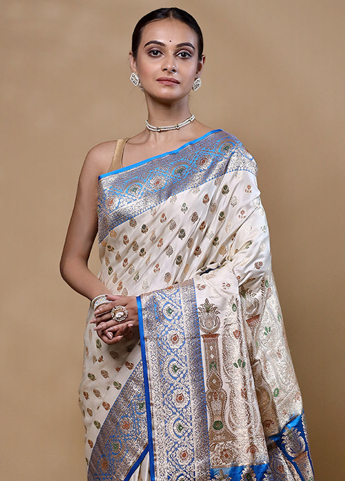 White Banarasi Silk Saree With Blouse Piece Clearance Best Pices