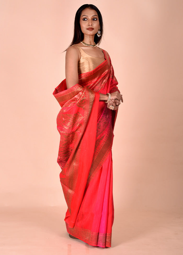 Red Handloom Tussar Pure Silk Saree With Blouse Piece Cheap Low Cost