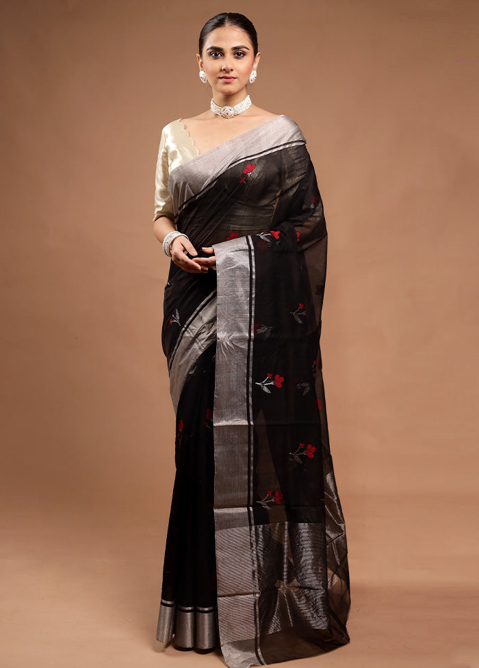 Black Handloom Chanderi Pure Cotton Saree With Blouse Piece Buy Cheap 2025 Newest