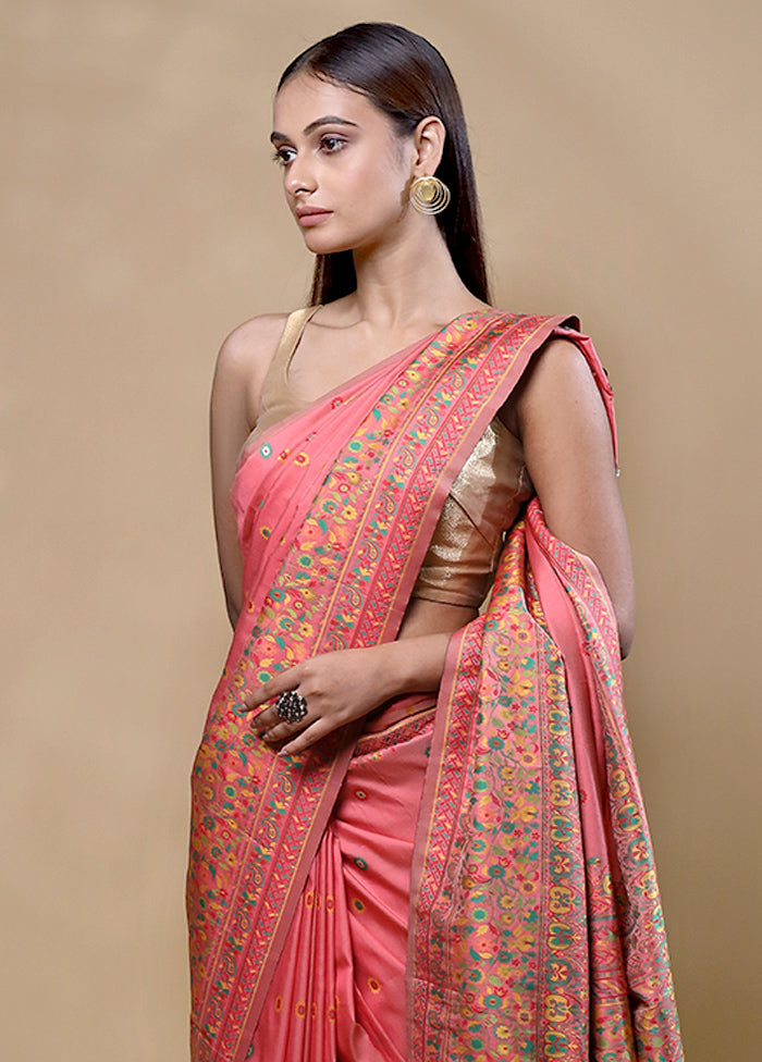 Peach Dupion Silk Saree With Blouse Piece Outlet Amazing Pice