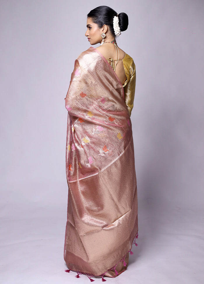 Peach Crushed Tissue Silk Saree With Blouse Piece Cheap Pice For Sale