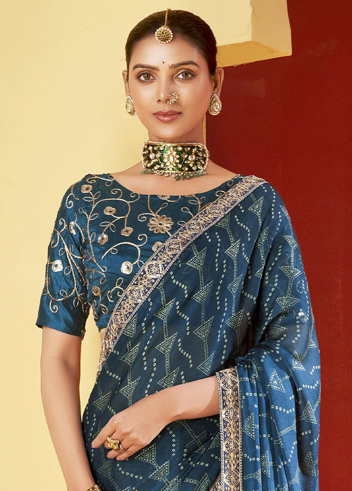 Navy Blue Chiffon Silk Saree With Blouse Piece For Cheap