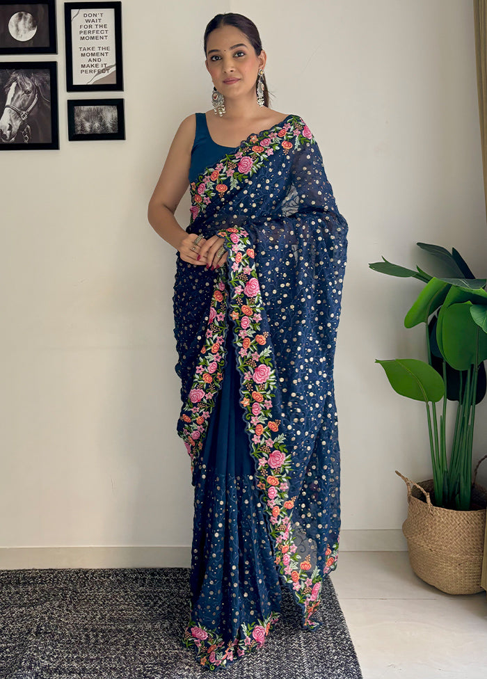 Teal Georgette Saree With Blouse Piece Extremely For Sale