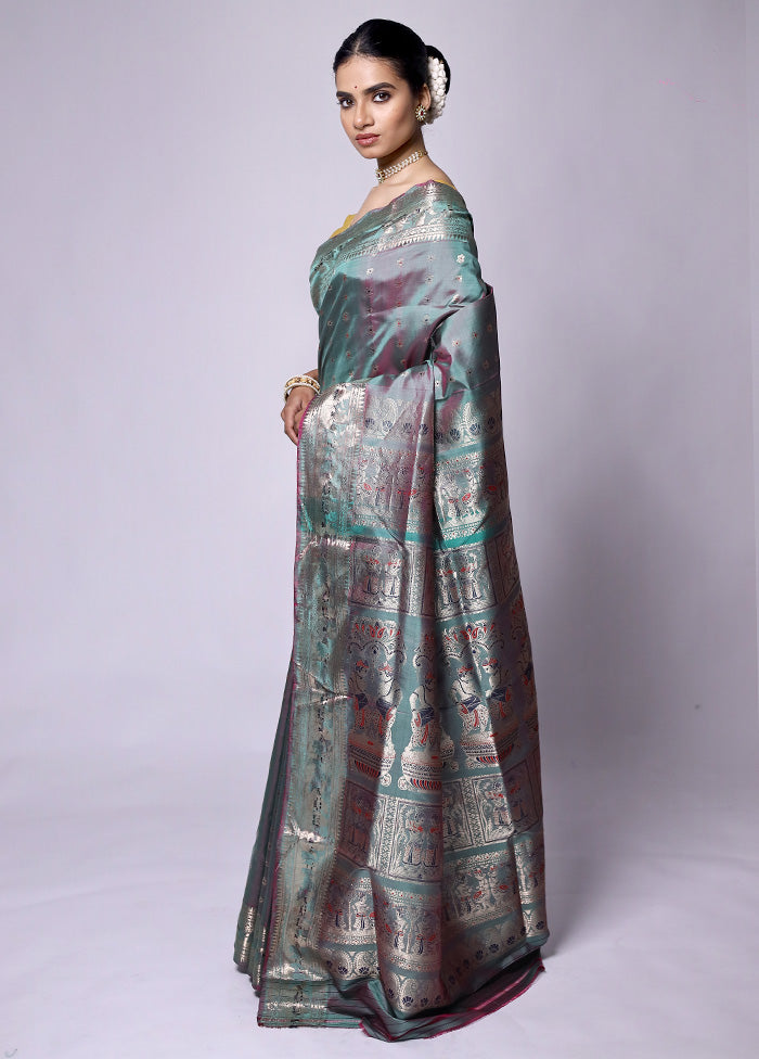 Green Handloom Baluchari Pure Silk Saree With Blouse Piece Free Shipping In China