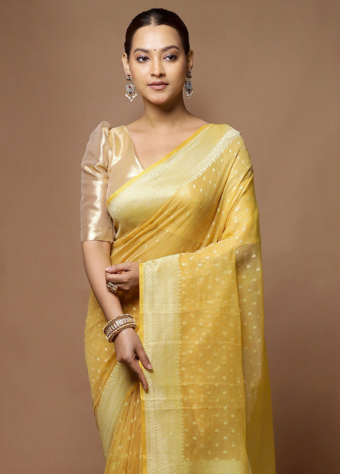 Yellow Kora Silk Saree With Blouse Piece With Paypal Free Shipping