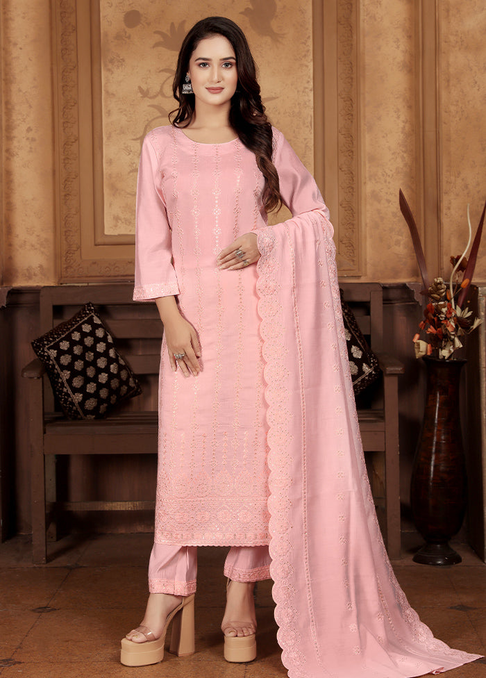 3 Pc Peach Readymade Chanderi Suit Set For Cheap Pice