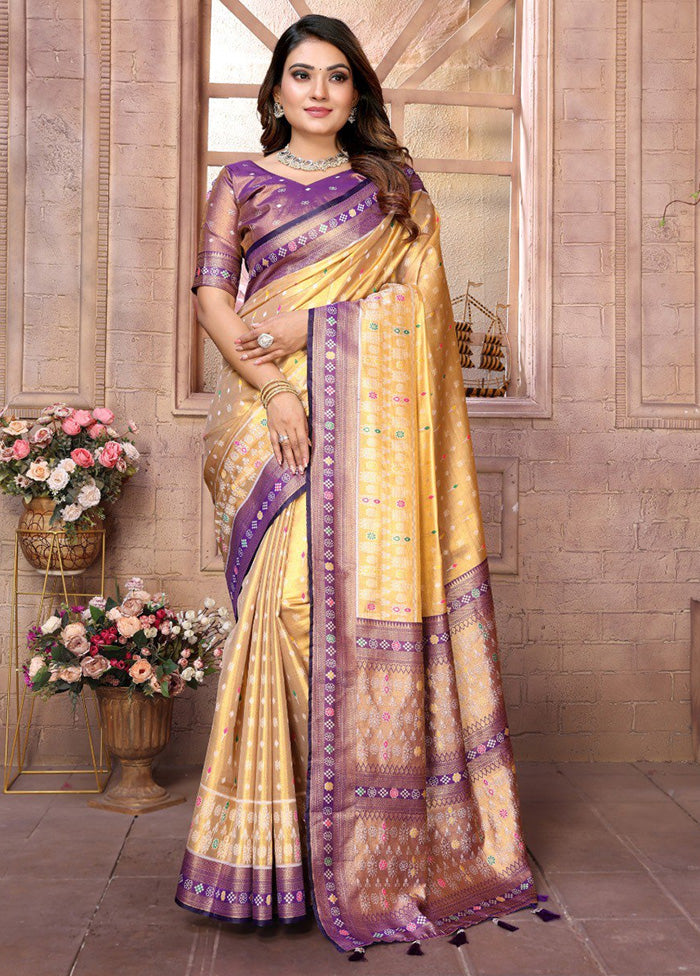 Golden Banarasi Silk Saree With Blouse Piece Cheap Lowest Pice