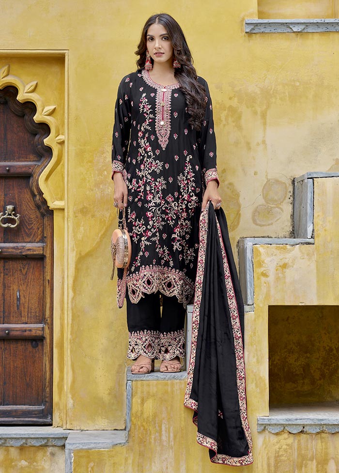 3 Pc Black Pure Semi Stitched Silk Suit Set Big Sale Sale Online