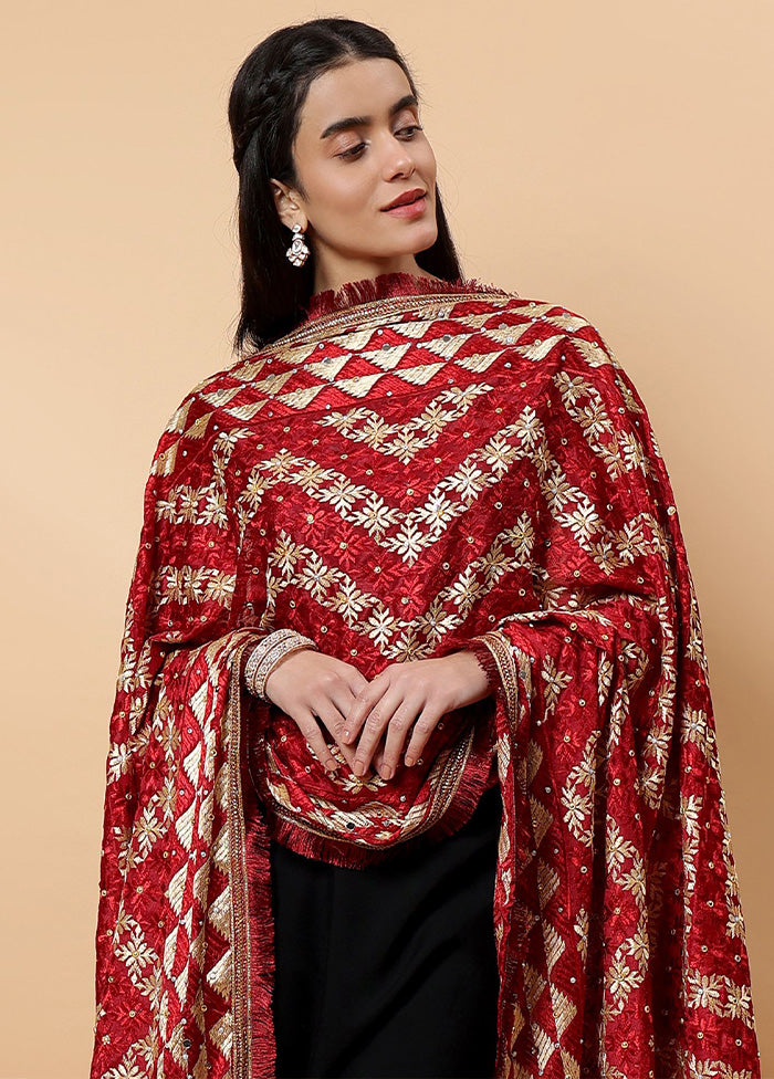 Maroon Chinon Phulkari Work Dupatta Cheap Pice Cost