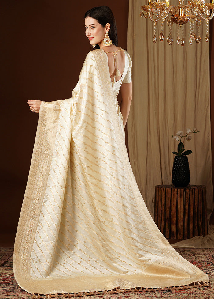 Cream Satin Silk Saree With Blouse Piece Cheap Sale Low Cost